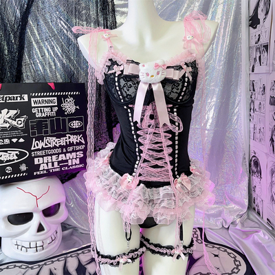 日系黑粉甜美蕾丝套装送腿环