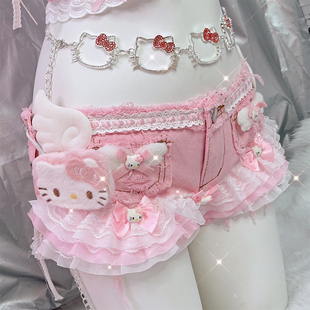 野涩猫 Y2K辣妹日系可爱甜美少女小猫蕾丝洛丽塔翅膀蕾丝粉色短裤