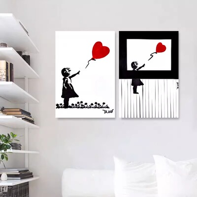 Banksy气球女孩简笔无框画名画潮牌涂鸦挂画讽刺艺术画作装饰画