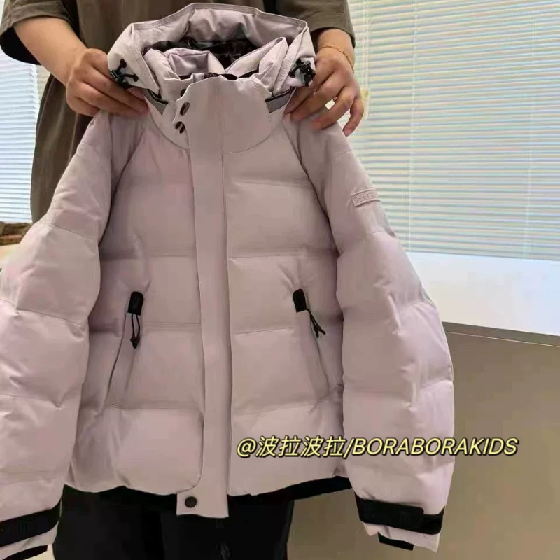 波拉女童女孩冬季儿童连帽中大童夹克衫90白鸭绒阔版羽绒服外套