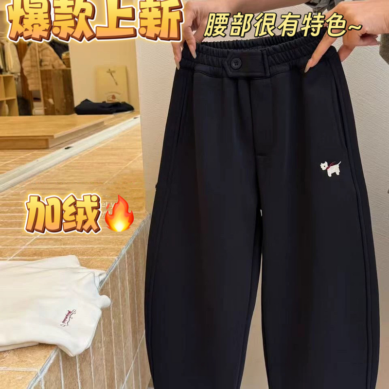 【现货】波拉韩国童装男童女童中大童冬亲子加绒小狗刺绣运动裤