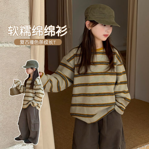 波拉男孩女童打底衫加绒冬款bora时髦条纹小女孩T恤保暖儿童冬装