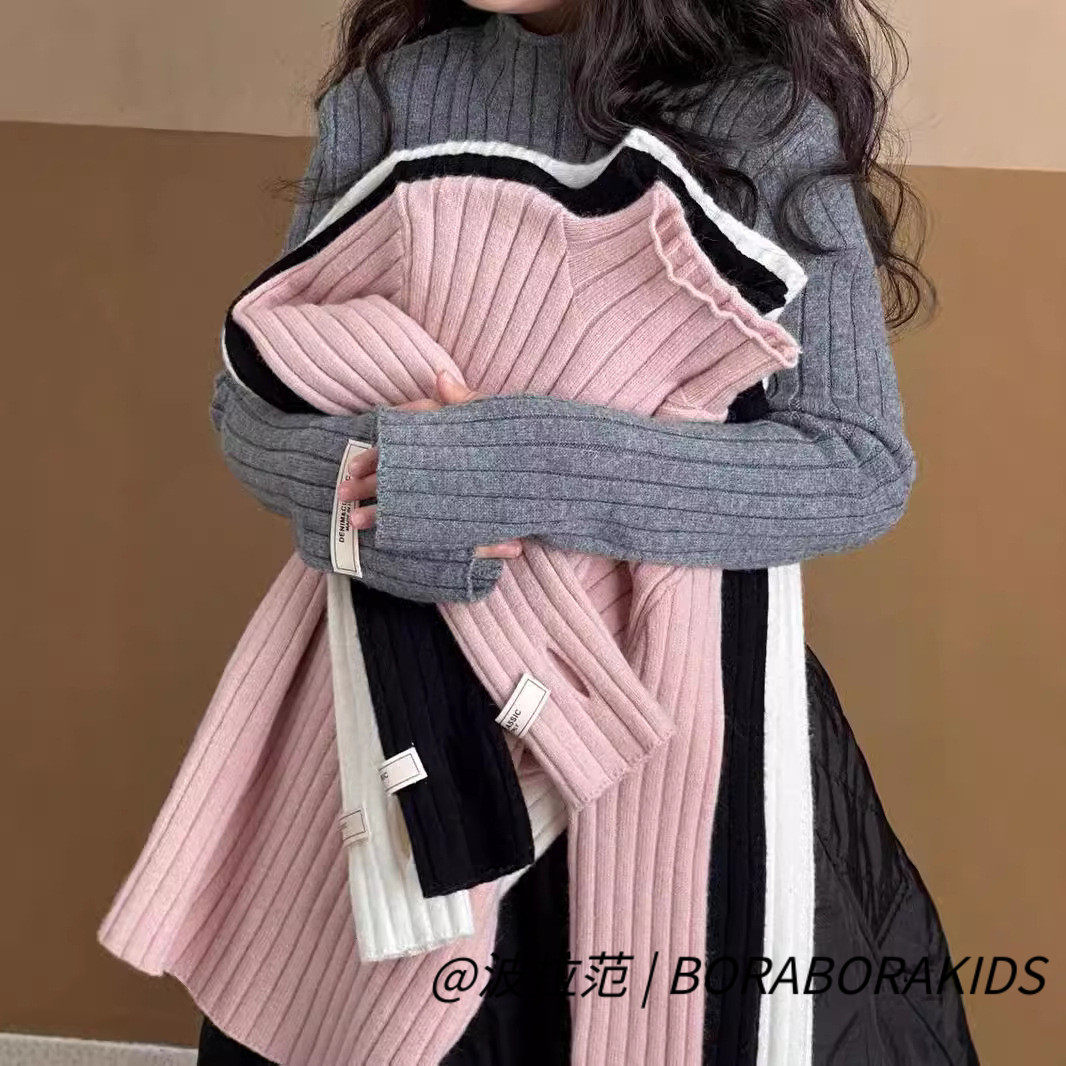 波拉韩国女童木耳领针织打底衫2025冬季女孩儿童洋气打底衫毛衣潮