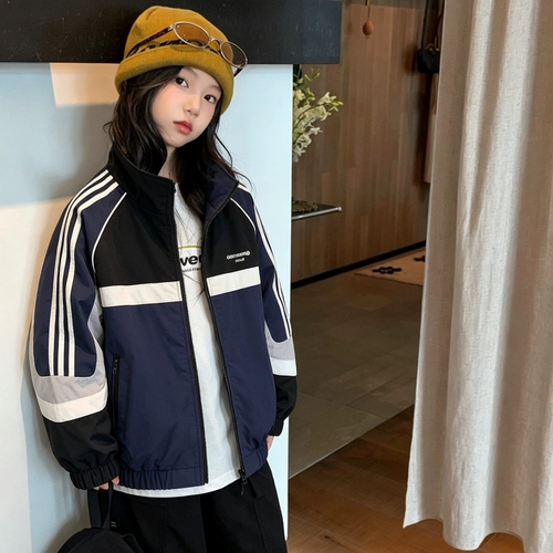 波拉bora儿童装男生女孩冲锋衣秋季款机车撞色中大青少年夹克外套