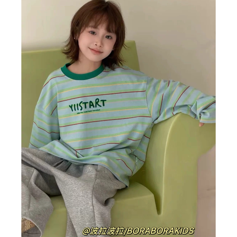 波拉bora儿童装秋季款男生女孩中大童青少年条纹街舞上衣长袖T恤