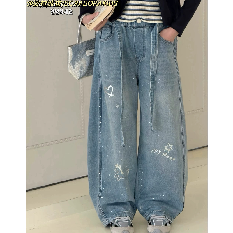 波拉实体店儿童装女孩秋季款阔腿裤中大童青少年亲子直筒牛仔裤子