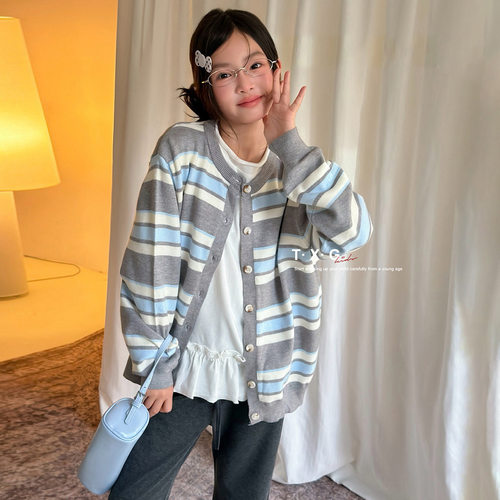 拉bora童装儿童秋季韩系撞色条纹毛衣开衫女童秋款棉条+裤子2件套