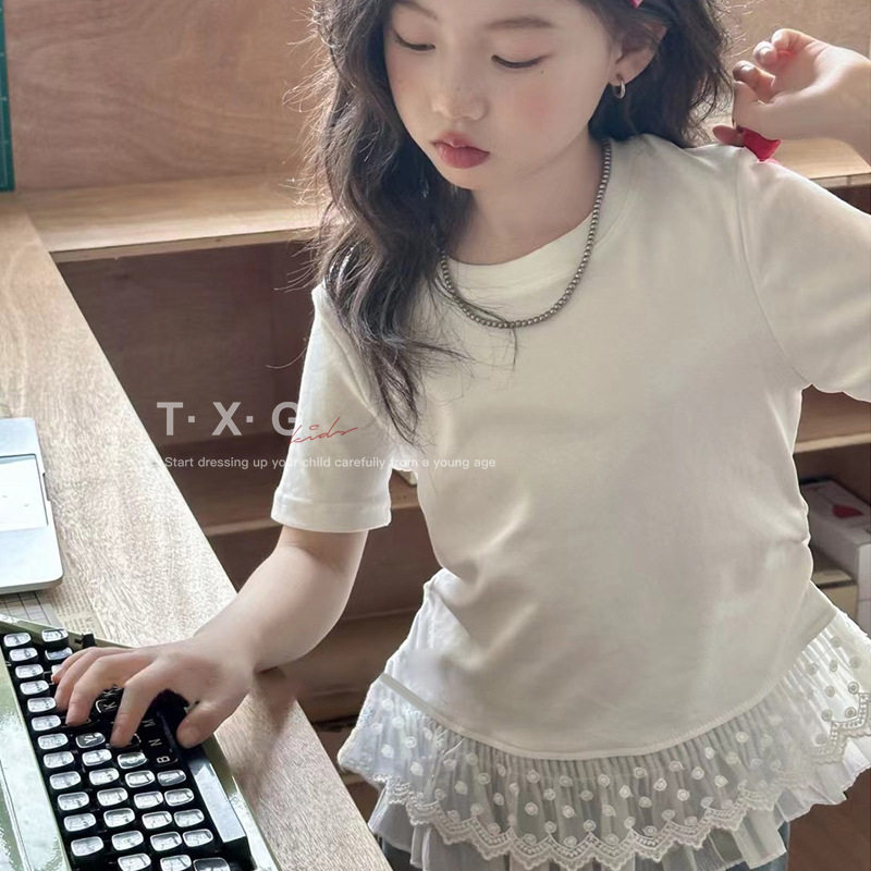 波拉实体店儿童装韩版夏季女孩童女生中大青少年蕾丝花边短袖T恤