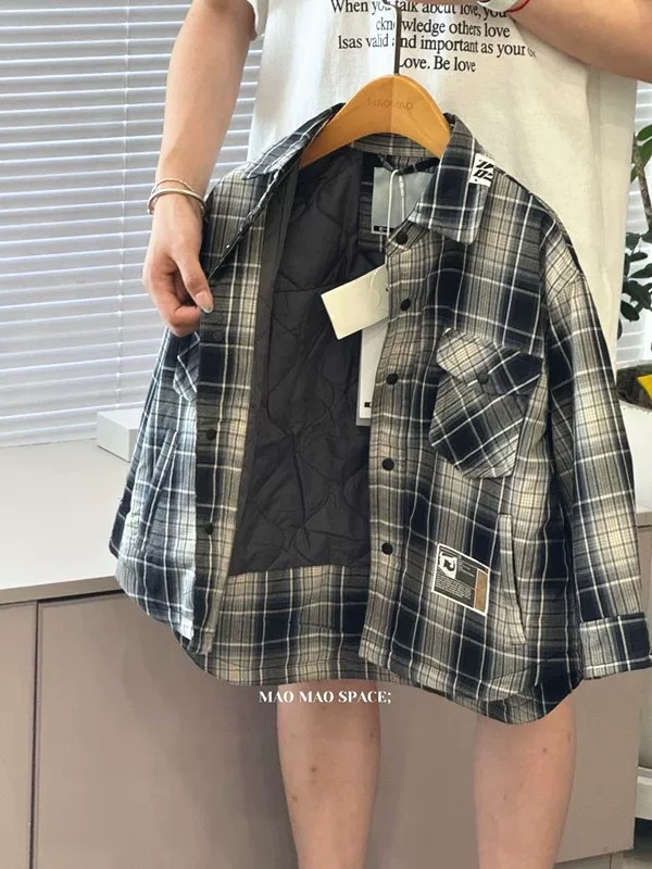 现货特价实体店儿童装波拉冬装男生女孩青少年加夹棉格子衬衫外套