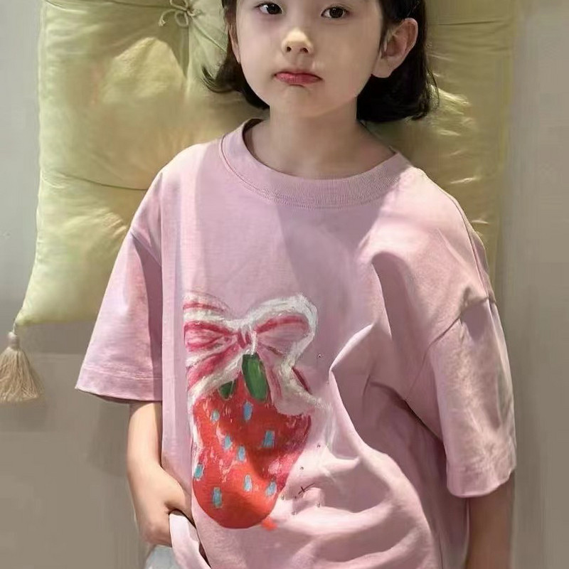 现货特价实体店童装女童女生小中大童初中生夏装草莓粉色短袖T恤