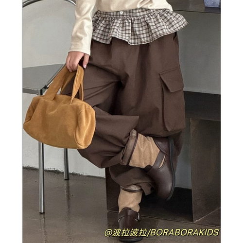 波拉bora儿童装秋季女孩中大青少年亲子休闲裤格子屁帘直筒工装裤