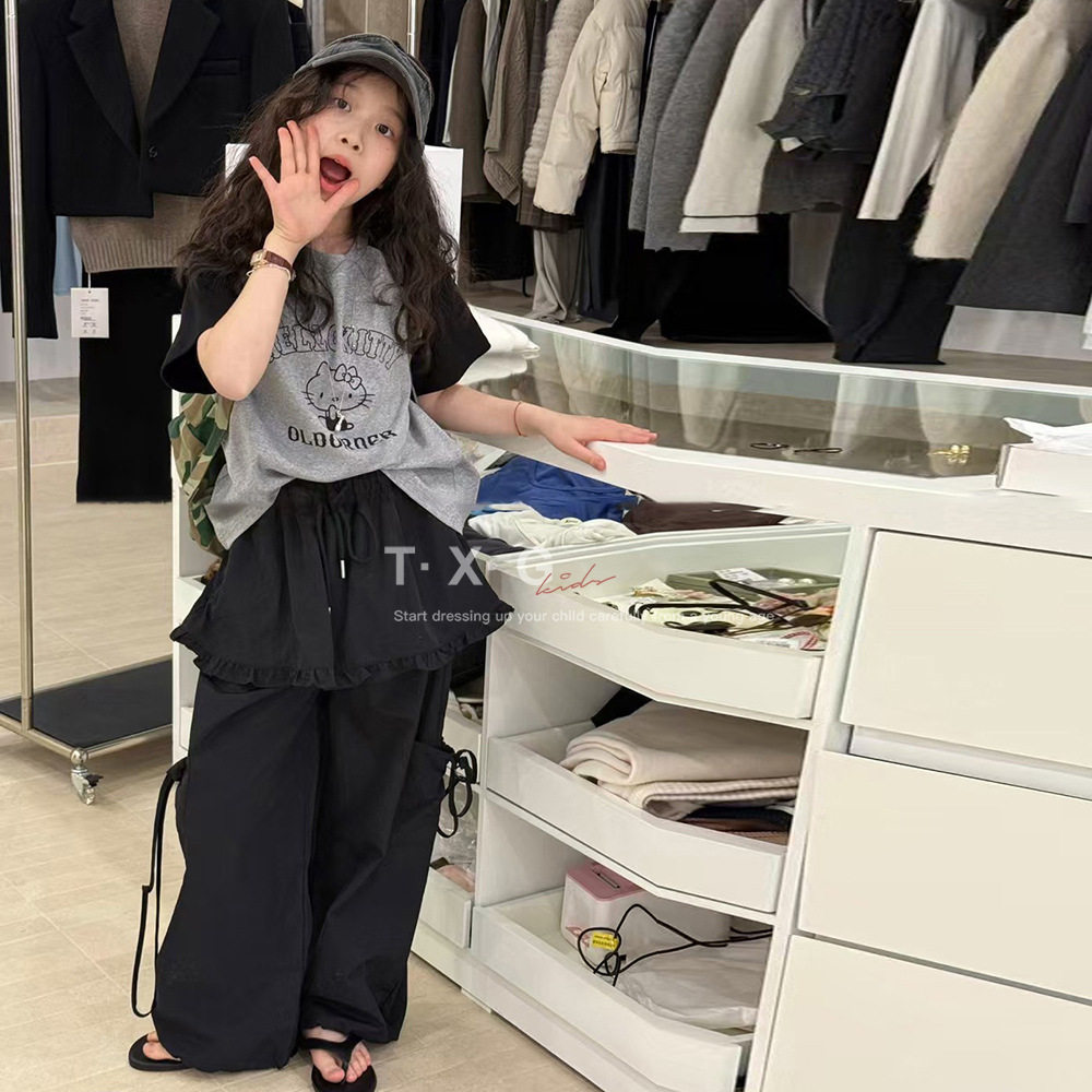 波拉实体店儿童装夏女孩青少年撞色短袖花边裙裤中大童插肩袖T恤