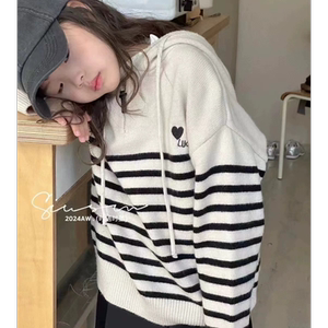 现货冬装波拉韩国男生女孩小中大儿童装青少年针织衫连帽条纹毛衣