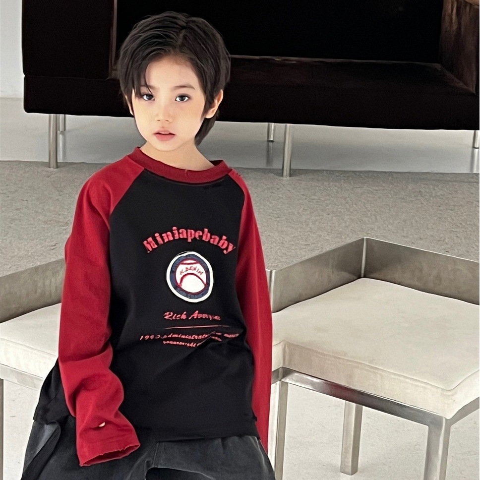 波拉秋季儿童长袖韩版棒球刺绣磨破废土风男童中大童纯棉内搭上衣