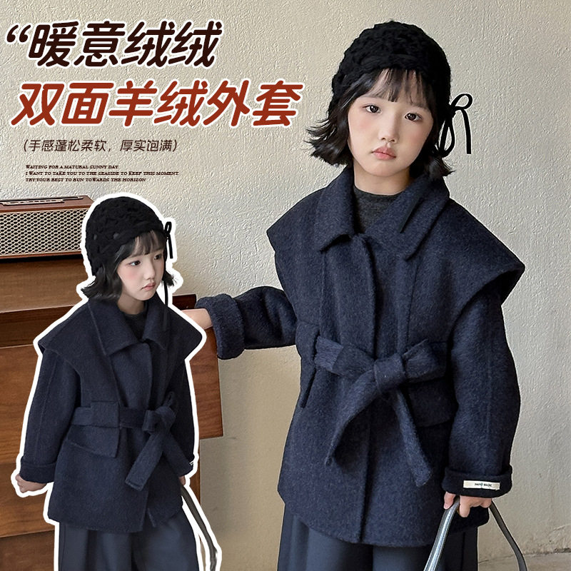 波拉bora冬季女童双面羊绒大衣巴恩风韩系呢子外套短款加厚羊毛呢