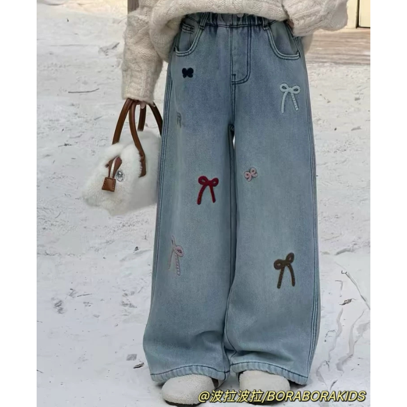 实体店儿童装冬女童青少年蝴蝶结一体绒加厚阔腿直筒裤加绒牛仔裤