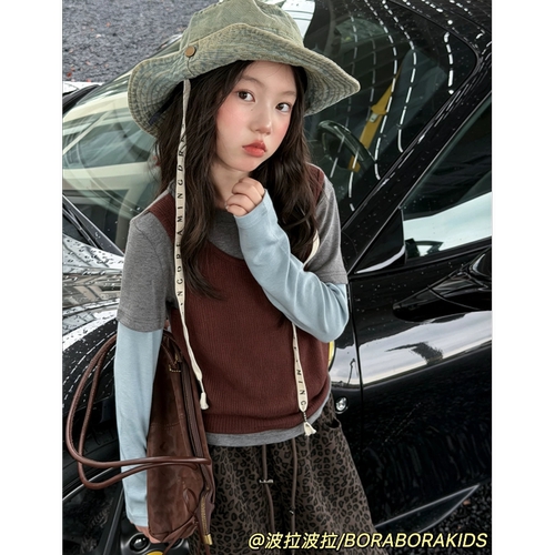 波拉bora儿童装女孩童假两件长袖T恤秋季装中大童青少年亲子上衣