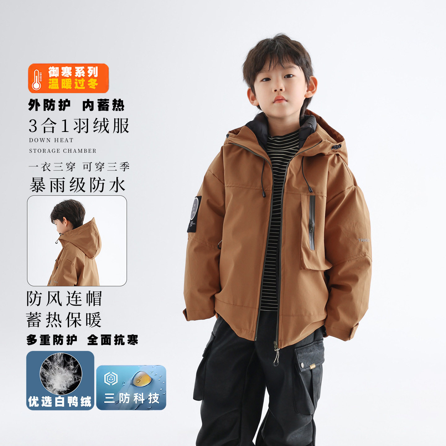 儿童羽绒服冬季保暖男童滑雪服2025bora工装加厚内胆可拆三防童装