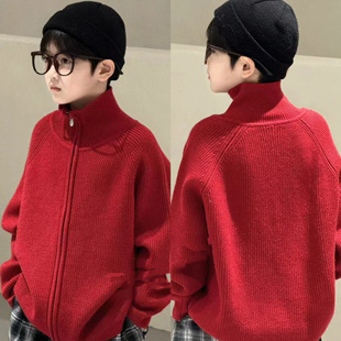 波拉韩国儿童装女孩男生中大童亲子冬红色过年立领羊毛衣外套开衫