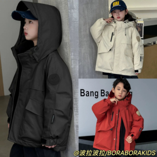 波拉冬季儿童户外90白鸭绒男生女孩中大童连帽外套工装派克羽绒服