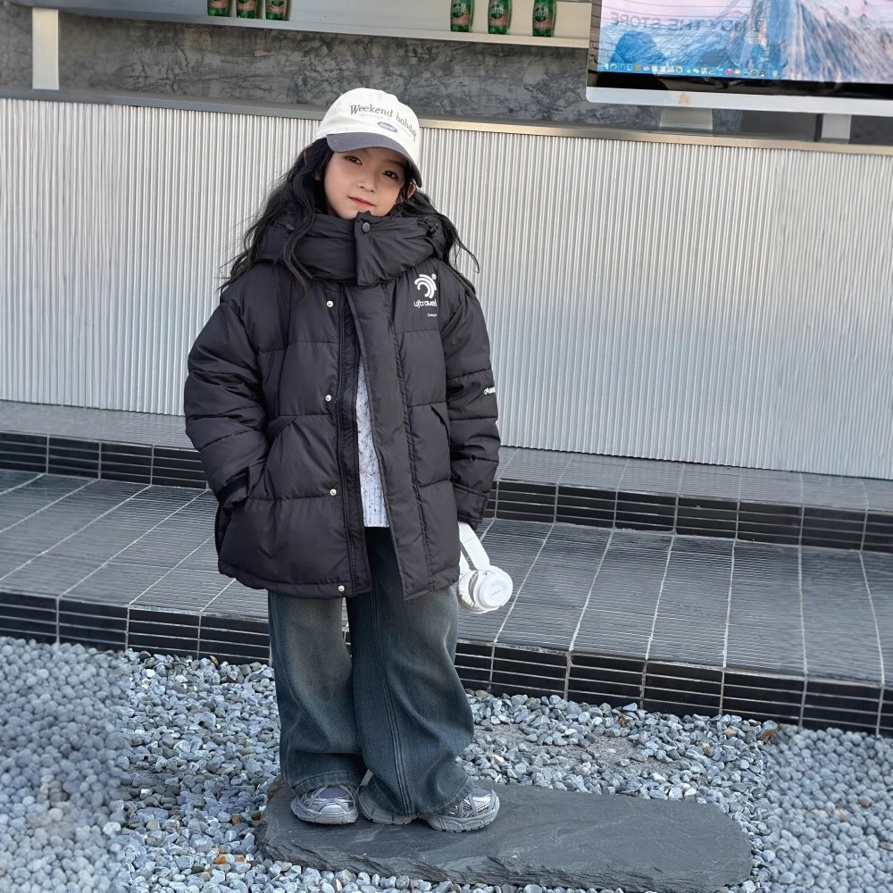 韩版工装儿童羽绒服2025冬季bora男童女童保暖白鸭绒拼色连帽外套