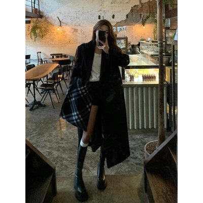 西装领赫本风女中长款呢子大衣气质小个子正U肩黑色毛呢外套