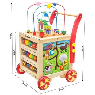 开心四面体宝宝儿童百宝箱t六面体益智手推车实木农场绕珠玩具婴