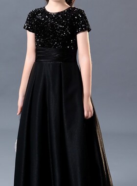 黑色儿童b礼服高端公主裙六一主持长款女童钢琴音乐会演奏服春