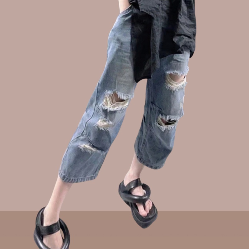 破洞牛仔弯刀裤女夏季薄款2024新款大码宽N松显瘦时尚百搭七分裤