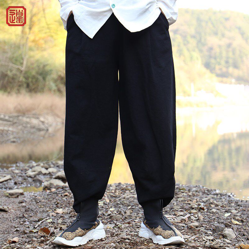 春秋中式裤男宽松棉麻灯笼裤子大码长裤汉服中国风阔腿裤男