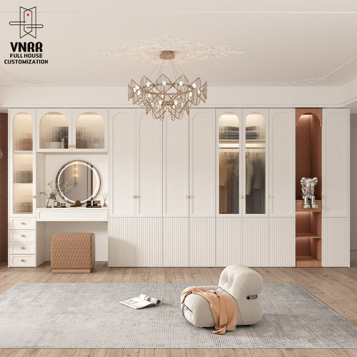 法式化妆台衣柜一体美式玻璃门衣橱家用卧室平开门整体衣帽间定制
