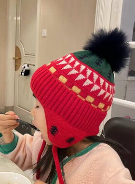 嘟嘟啦冬季儿童护耳帽保暖防寒风亲E子帽男宝宝毛线帽过年红色帽