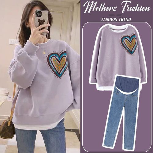 孕妇套装春秋2025新款时尚紫色圆领拼接百搭减龄卫衣牛仔裤两件套