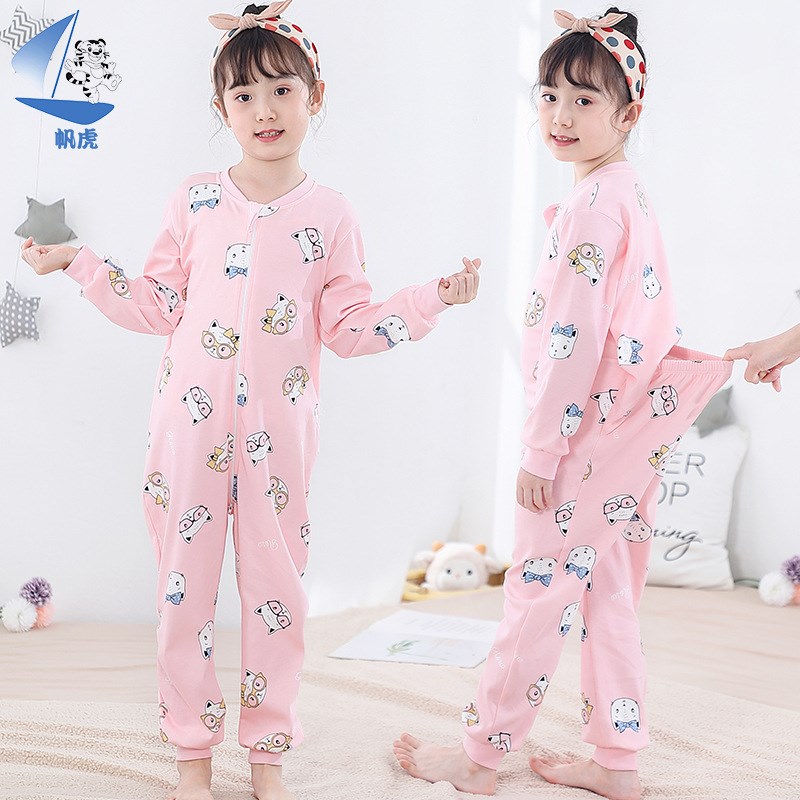 儿童连体睡衣男长袖纯p棉春秋冬厚款防踢睡袋如厕大童哈衣女宝宝
