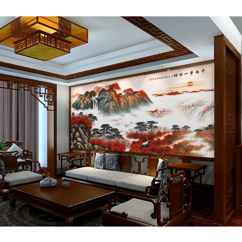 新品办公室会客厅沙发背景墙v壁画电视墙壁纸江山如画宾馆酒店墙
