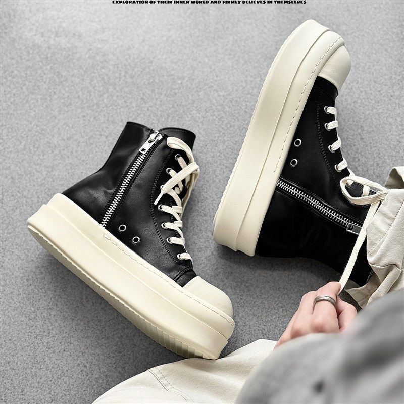 厚底高筒板鞋男女款小众国潮增高百搭高级感情侣板鞋黑色拉炼 炼