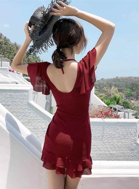 泳衣女款红色网红风胖妹妹大码E胖遮肉分体保守显瘦遮肚子感