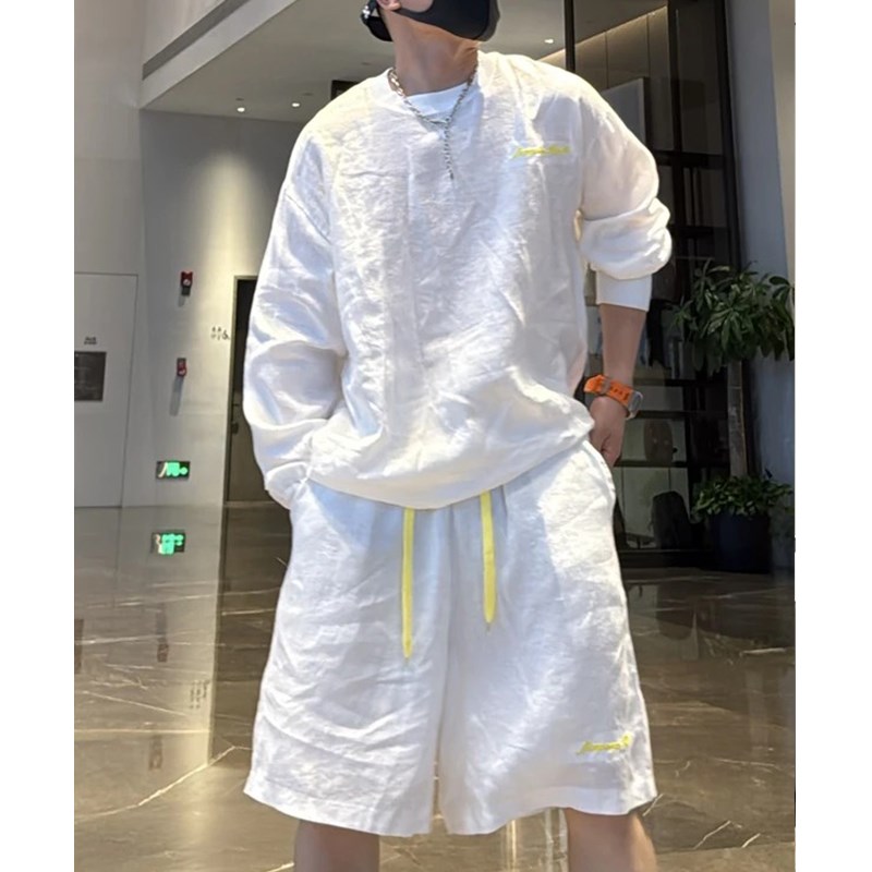 2025夏季新款亚麻休闲套装男轻薄透气慵懒风宽松时尚纯色两件套潮