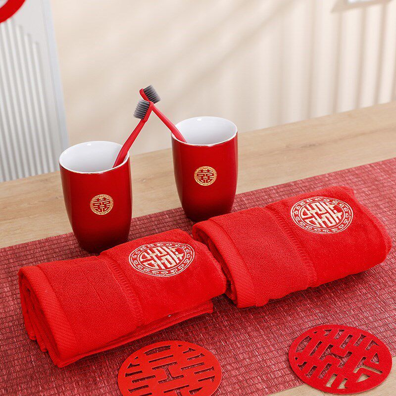 结婚洗漱杯对杯牙刷杯子红色漱口杯陶瓷牙杯陪嫁婚庆情侣对杯套装