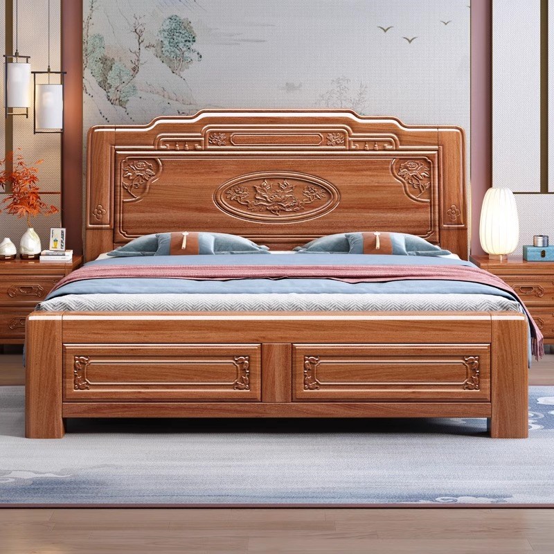 金花梨木全实木床中式榫卯结构1米8红木双人加厚仿古雕花主卧大床