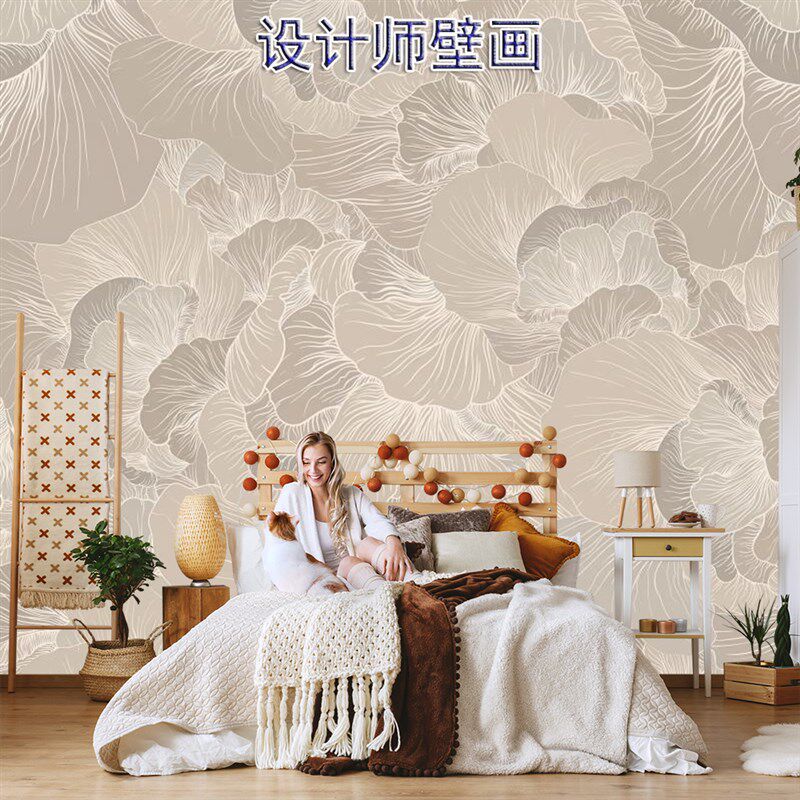 抽象花卉线条壁纸电视背景墙纸植物叶子客厅墙布现代简约卧室壁画