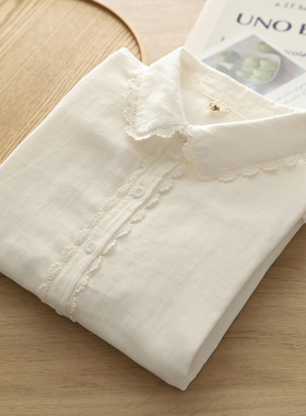 2025春装白色双层棉纱长袖衬衫女蕾丝花边文艺百搭纯棉柔软衬衣