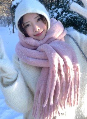 pink粉色系!韩版纯色仿马海毛毛绒围巾女冬加厚保暖围脖流苏披肩