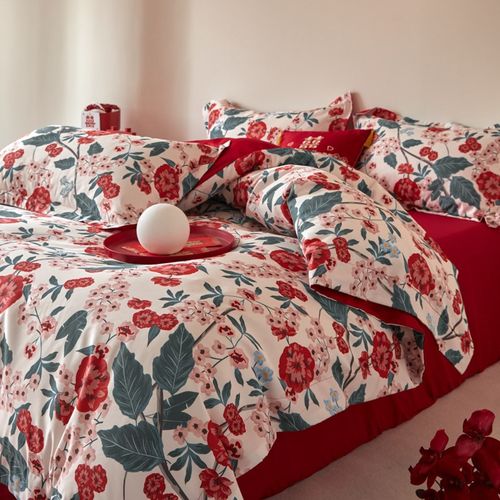 100S长绒棉印花结婚四件套红色床单花卉被套纯棉全棉婚庆床上用品