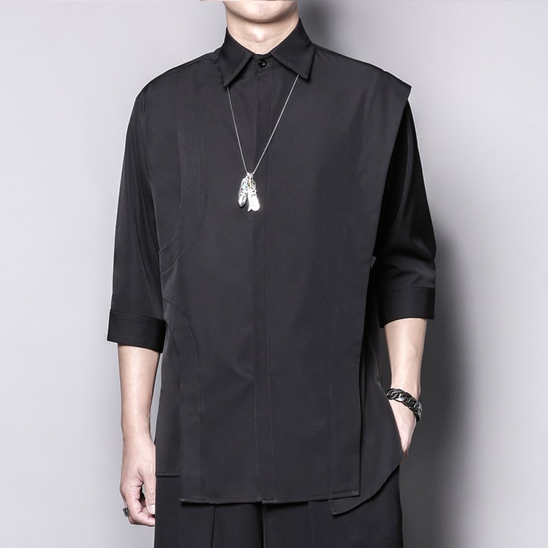 日系小众拼接不对称剪裁设计感不规则下摆纯色半袖五分衬衫男衬衣