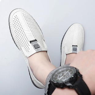 牛筋底休闲镂空皮鞋男款夏季洞洞凉鞋男士软底软皮透气豆豆鞋