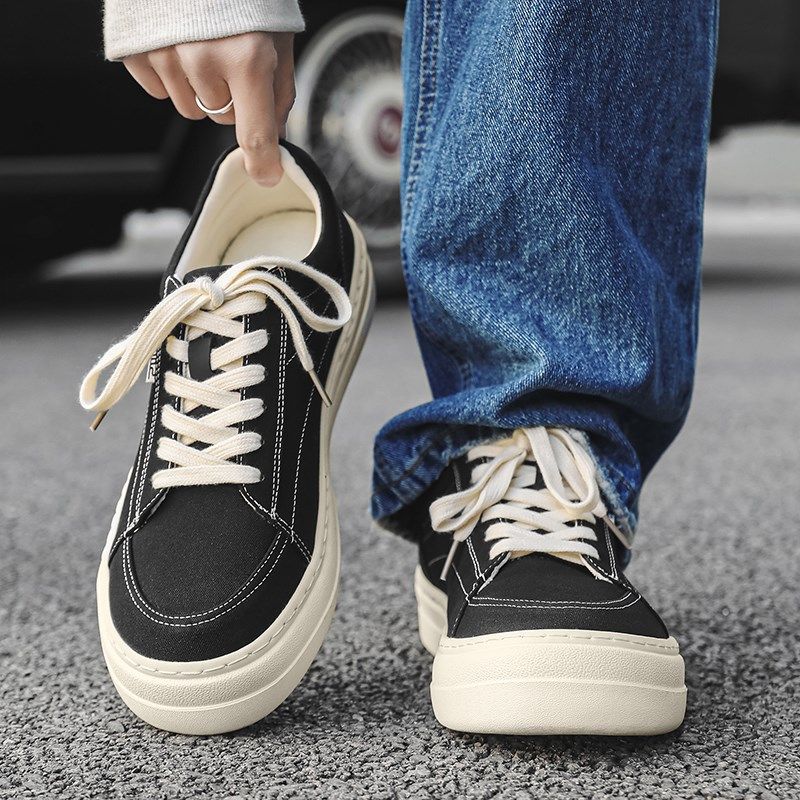 布鞋男款2025新款休闲鞋学院风高级感厚底板鞋透气通勤日系帆布鞋