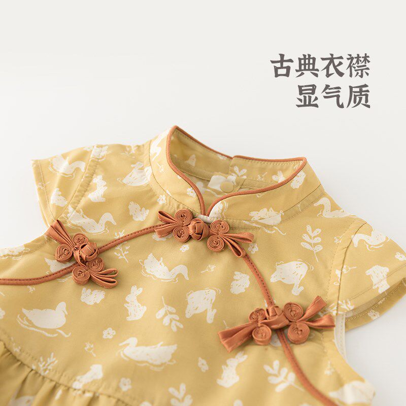 乖奇熊女宝后开筒三角包屁衣夏季薄款婴儿无袖连体衣中式外出哈衣