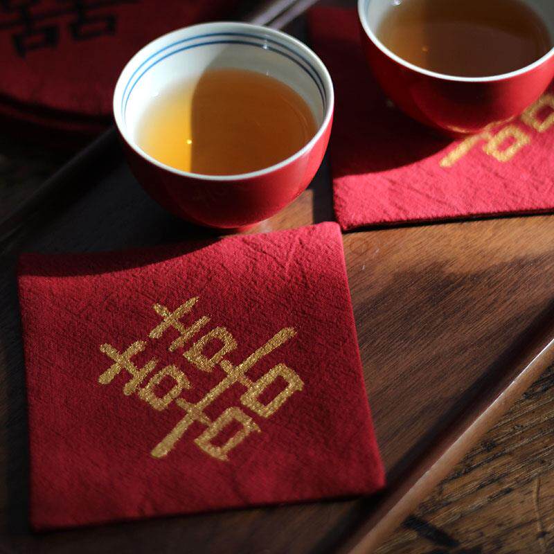囍事临门喜字杯垫布艺结婚敬茶托盘 婚房装饰 婚庆拍摄影道具
