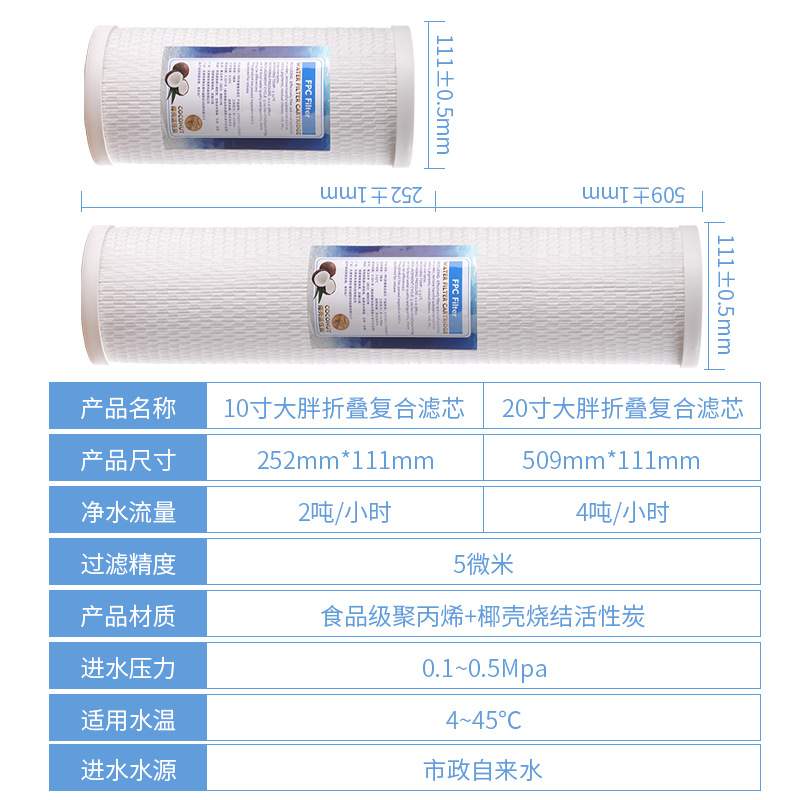 10寸20寸大胖折叠复合滤芯pp棉椰壳烧结活性炭全屋前置过滤器净水